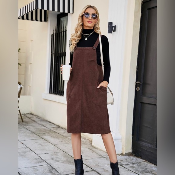 Women's Corduroy Jumper Overall Pinafore Midi Dress Skirt with Pockets - Picture 1 of 6